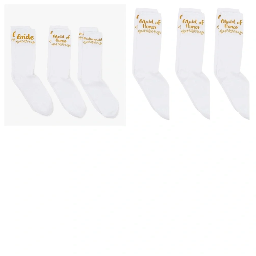 S11‎ Bridal Party 6 Pack Mid-Calf White & Gold Cotton Blend Reinforced Toe Socks